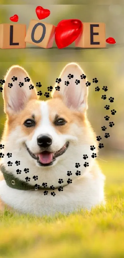 Happy Corgi in a sunny meadow with love symbols in the background.