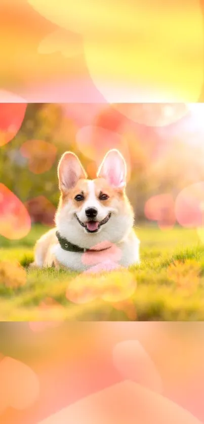 Corgi dog on sunlit grass with vibrant bokeh background.