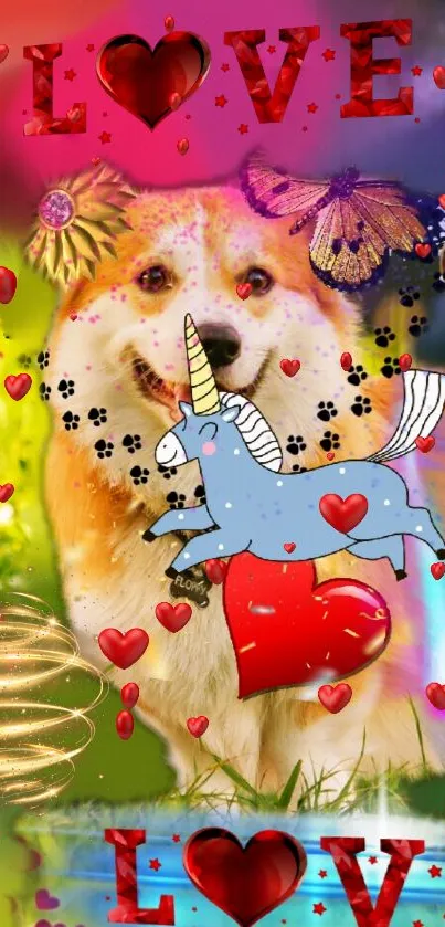 Whimsical corgi with hearts, unicorn, and butterflies on a vibrant wallpaper.