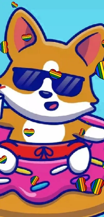 Corgi in sunglasses on a donut float with blue background.