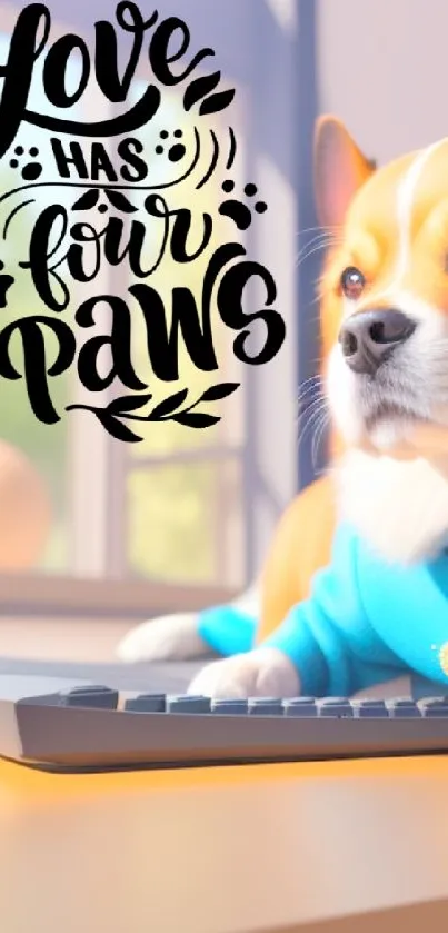 Adorable corgi with quote 'Love Has Four Paws' on keyboard.