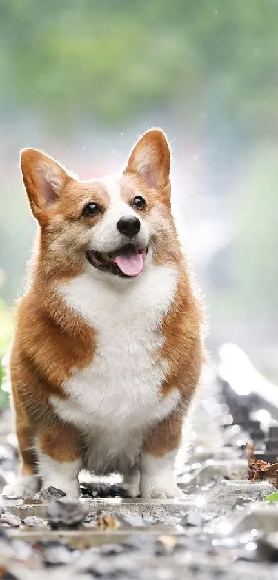 Adorable corgi standing on railway tracks amidst vibrant green foliage.