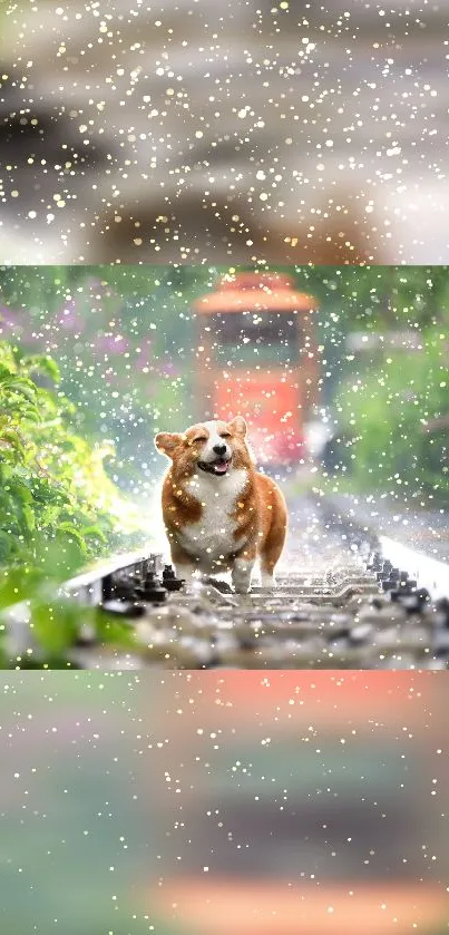 Corgi walking on railway tracks with a colorful garden background.