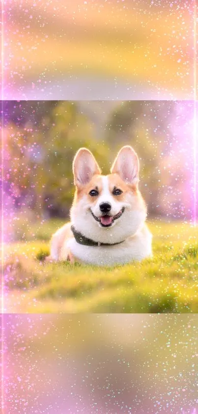 Cheerful corgi in a sparkling meadow wallpaper.