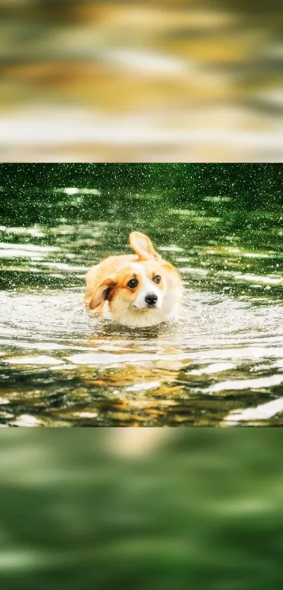 Corgi swimming in a tranquil green pond.