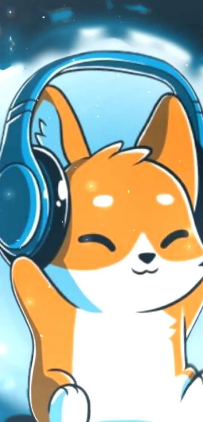 Illustrated corgi wearing headphones, smiling happily on a blue background.