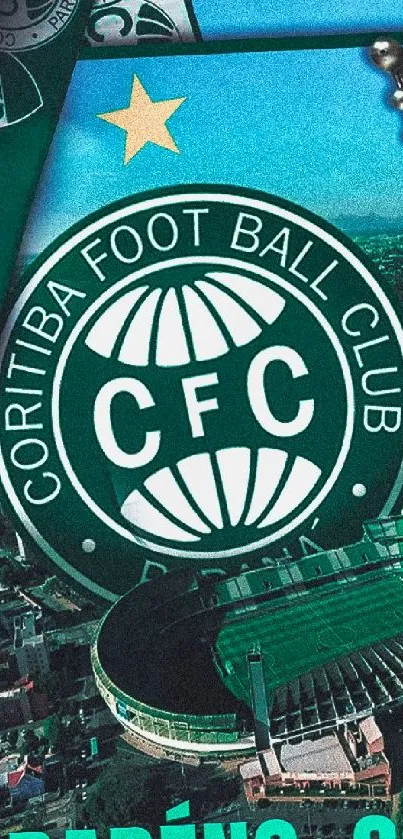 Coritiba FC logo with stadium aerial view.