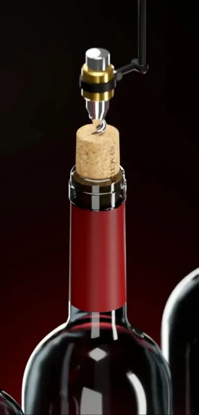 Corking mechanism on red wine bottles close-up.