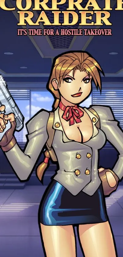 Animated female character in futuristic office setting, holding a futuristic device.