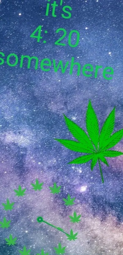 Cosmic wallpaper with cannabis leaf and 4:20 clock theme against starry galaxy.