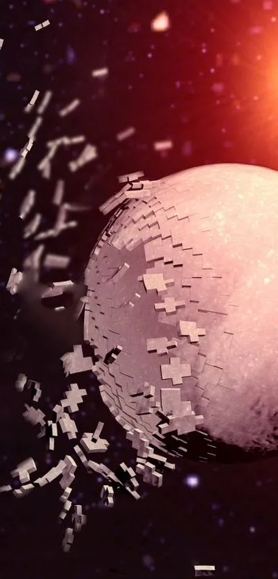Abstract digital art of a fragmented planet with a cosmic sunrise.