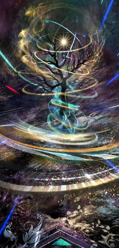 Mystical cosmic tree with swirling colors as mobile wallpaper.