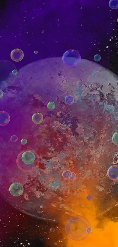 Vibrant cosmic wallpaper with purple and orange hues, featuring planets and starry skies.