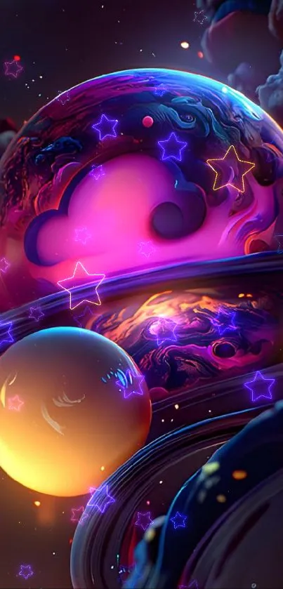 Abstract cosmic themed mobile wallpaper with vibrant colors and spheres.