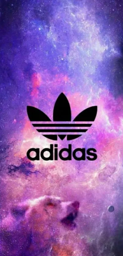 Adidas logo with purple nebula background wallpaper for mobile.