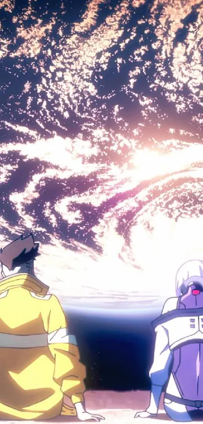 Anime characters gazing at a cosmic scene from their space view.