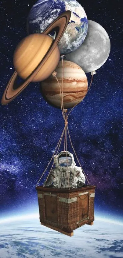 Astronaut riding a balloon of planets through space.