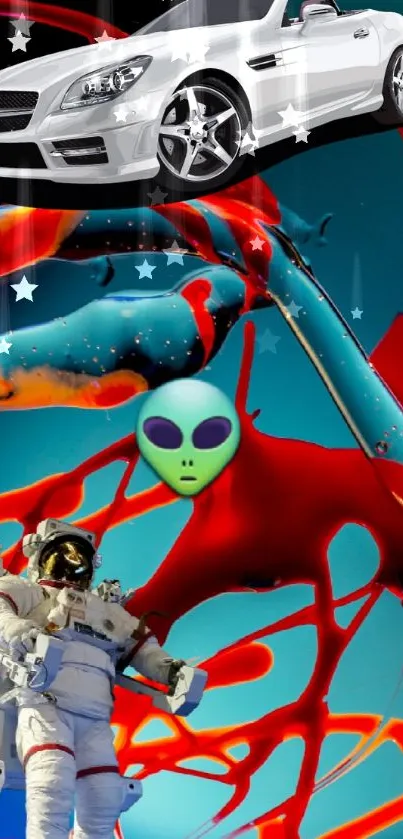 Astronaut and alien on a vibrant, cosmic fantasy wallpaper.