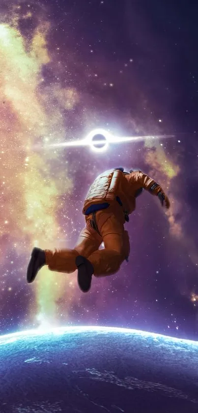 Astronaut floating in space with nebula background.