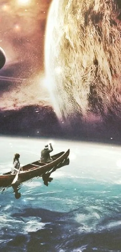 Surreal scene with boat on cosmic ocean surrounded by planets.