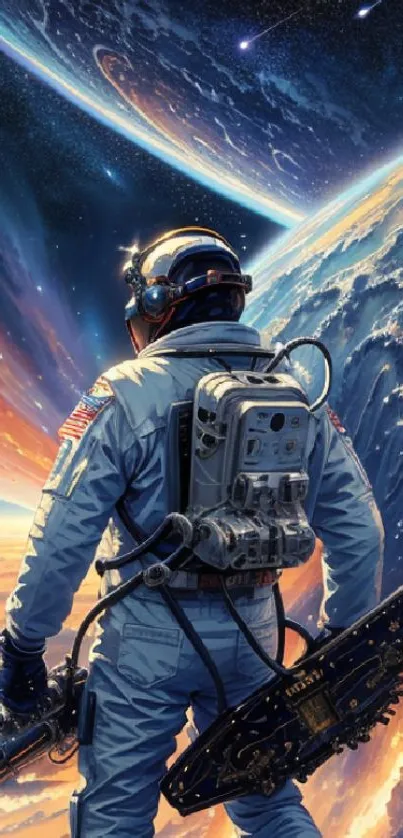 Astronaut gazing into the vast cosmic landscape, exploring space.