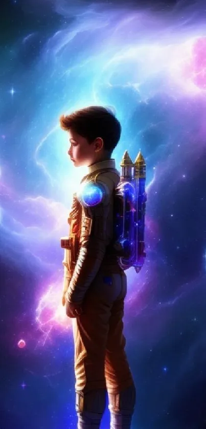 Young astronaut standing in vibrant cosmic nebula.