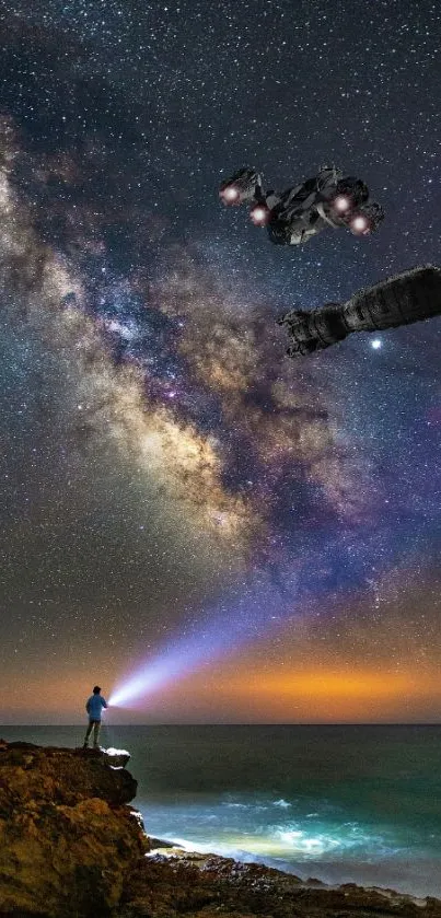 Man with flashlight under a starry night sky with spacecraft flying above.