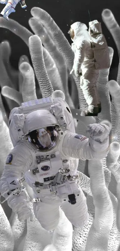 Astronauts floating in space against a surreal gray backdrop.