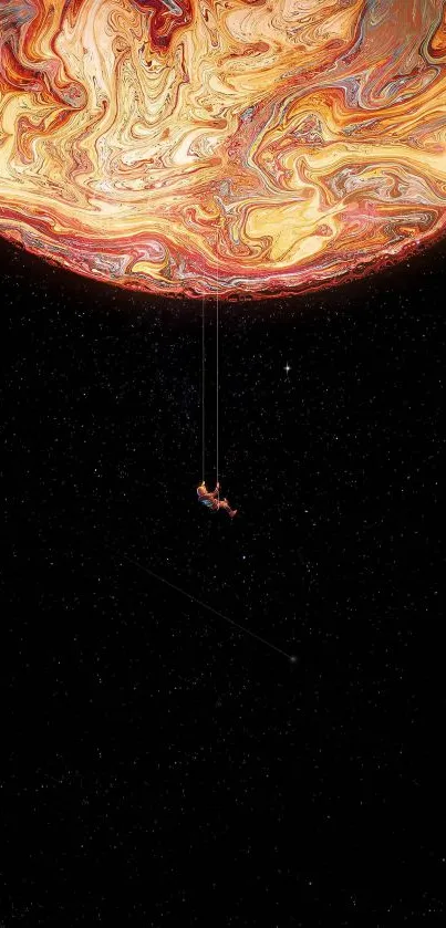 A lone figure hanging beneath a large, swirling planet in a cosmic-themed mobile wallpaper.