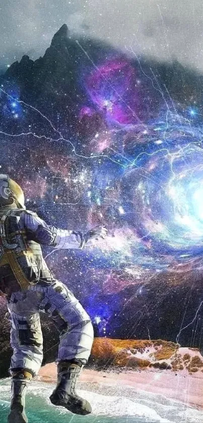 Astronaut near cosmic space vortex with bright stars.