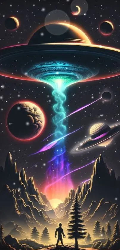 Futuristic UFO with planets and cosmic landscape wallpaper.