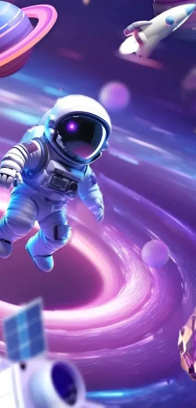 Vibrant cosmic wallpaper with astronaut and planets.