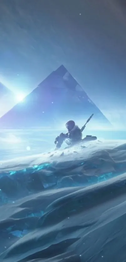 Sci-fi wallpaper with a lone explorer and a pyramid on icy terrain.