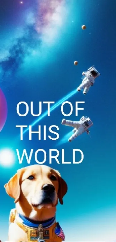 Vibrant cosmic wallpaper with dog and astronauts exploring space.