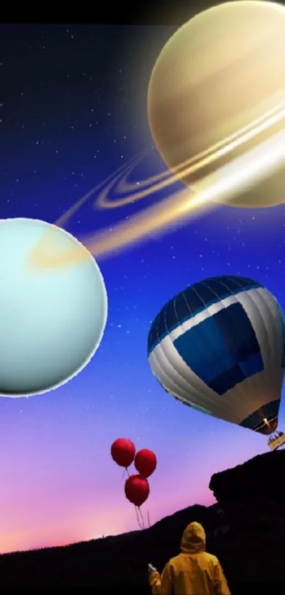 Wallpaper with planets, balloons, and a vibrant blue sky.