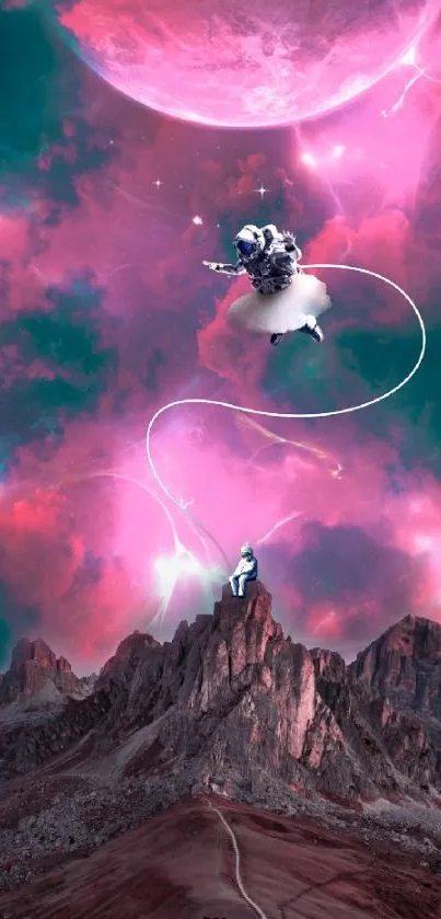 Surreal cosmic wallpaper with astronauts and pink clouds over mountains.