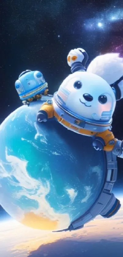 Adorable creatures exploring space with Earth in the backdrop.