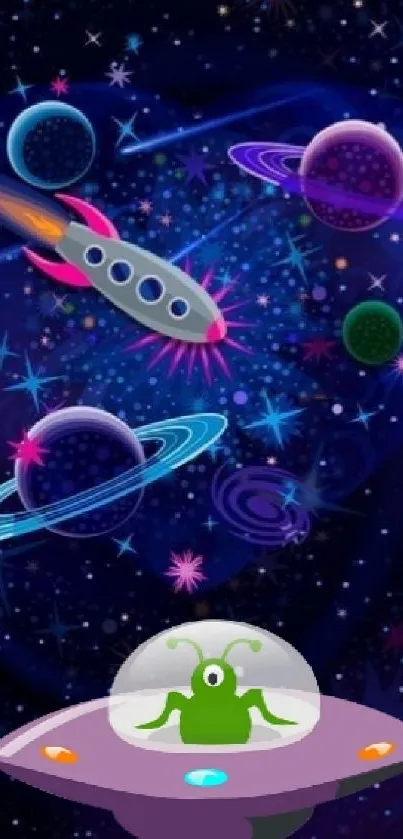 Colorful space wallpaper with alien and rocket.