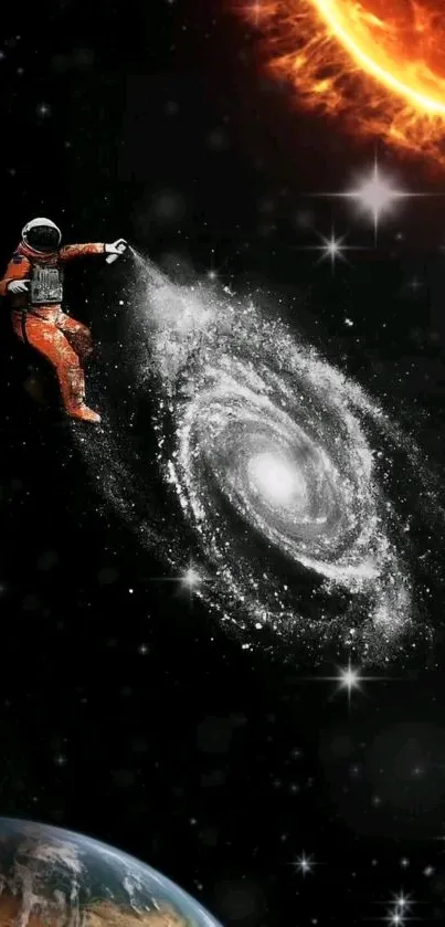 Astronaut painting galaxy with a cosmic background.