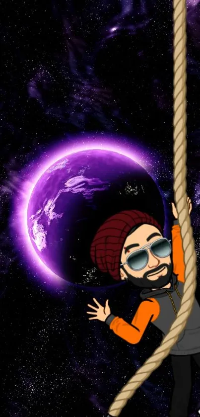 Cartoon character on rope with purple planet in space.