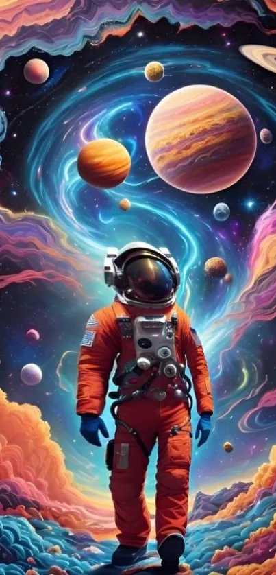Vibrant space wallpaper with astronaut and planets.