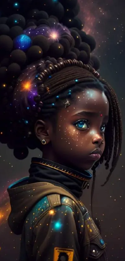 Fantasy artwork of a child with an afro, stars, and a galaxy background.