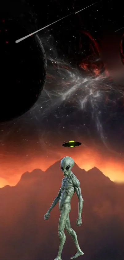 Alien standing on a cosmic landscape with fiery galaxy backdrop.
