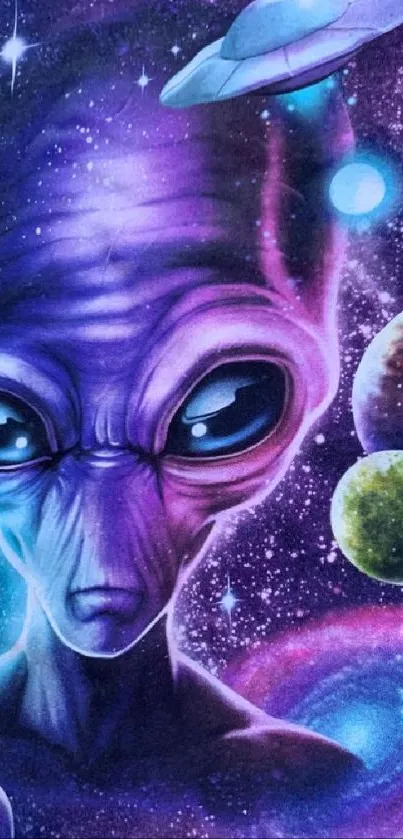 Purple alien with planets in space art.