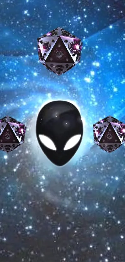 Alien head with cosmic geometric shapes in a galaxy background.