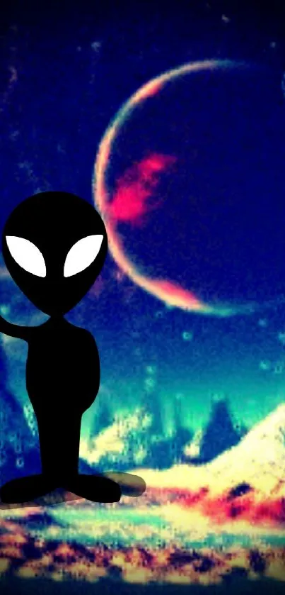 Alien figure with peace sign in colorful cosmic background.