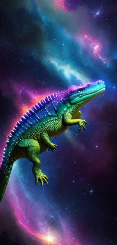 Neon alligator in a cosmic space background with starry sky and vivid colors.