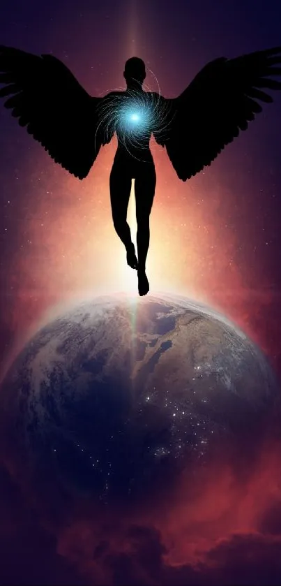 Silhouette of angel with wings and glowing globe on a cosmic background.