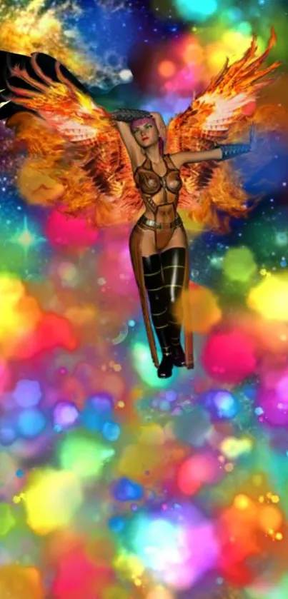 Silhouette of angel in a colorful cosmic nebula.