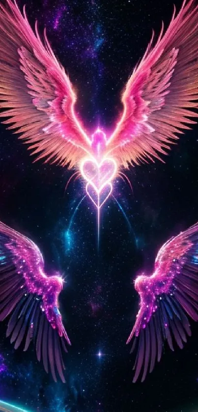 Vibrant cosmic angel wings with pink hues on a starry background.